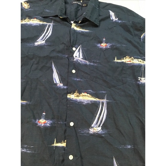 Nautica Men's XXL Navy Sailboat Print Camp Shirt Button Up Short Sleeve - Picture 9 of 10